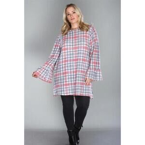 Crêpas Women's Gray/Red Plaid Madras Print Soft Bell Sleeve Tunic Top | Size 1XL